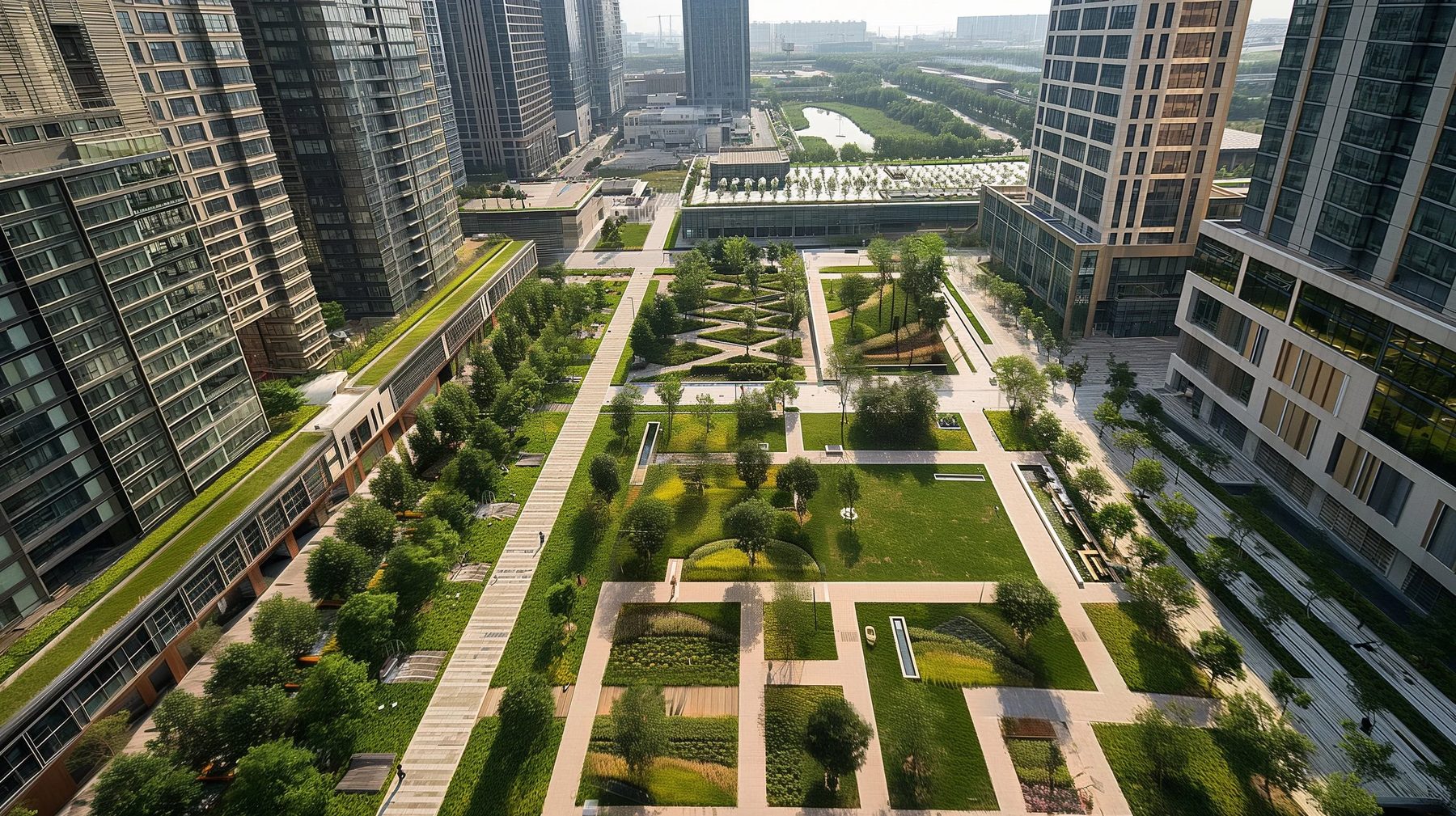 aerial view of green campus landscape
