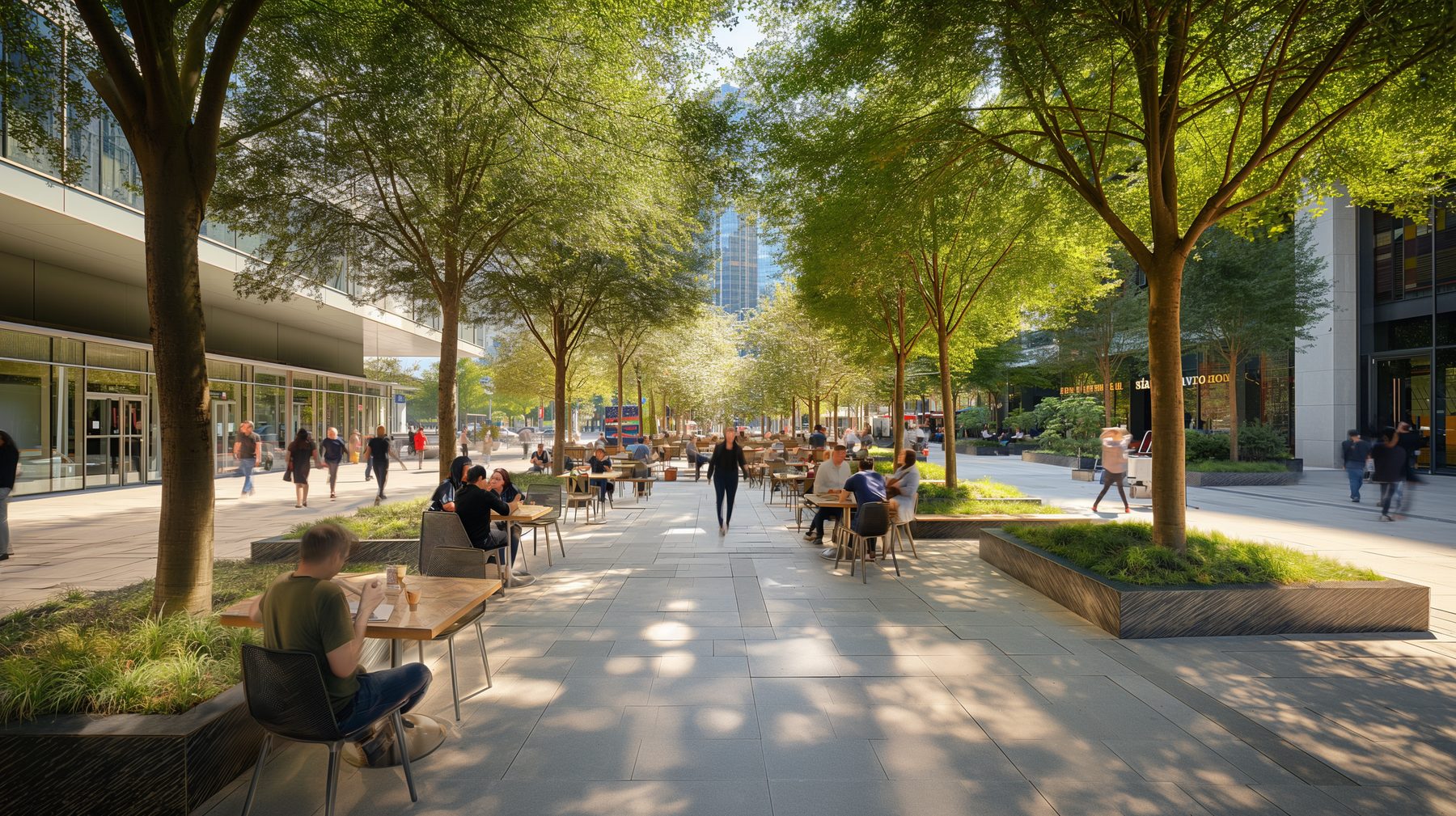 central promenade with tables and chairs