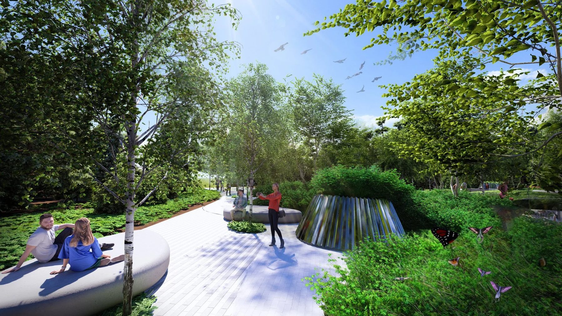 pathway in the park with seating and sculptural planter