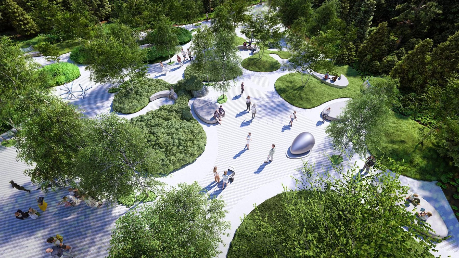 Aerial view shoing forest surround with islands of planting, lawns, and art plazas