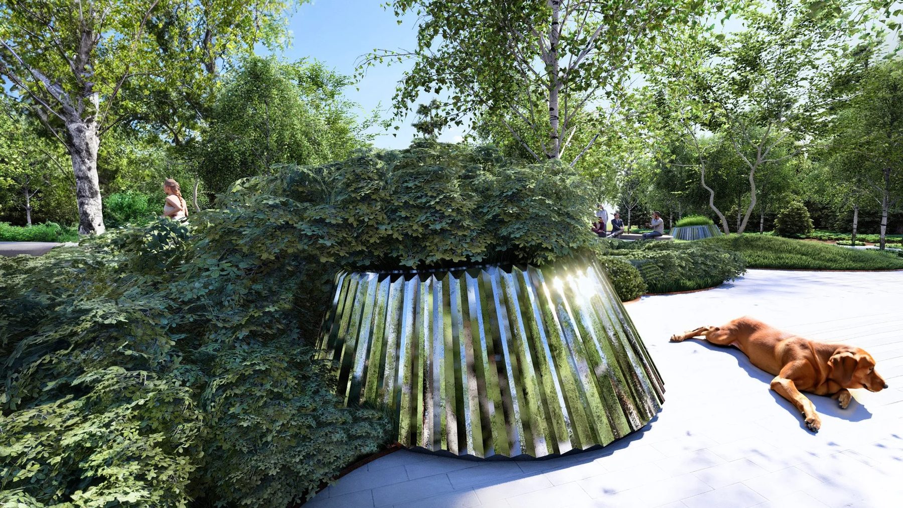 metal planter sculpture with planting spilling out from the top next to a dog laying on stone pavement