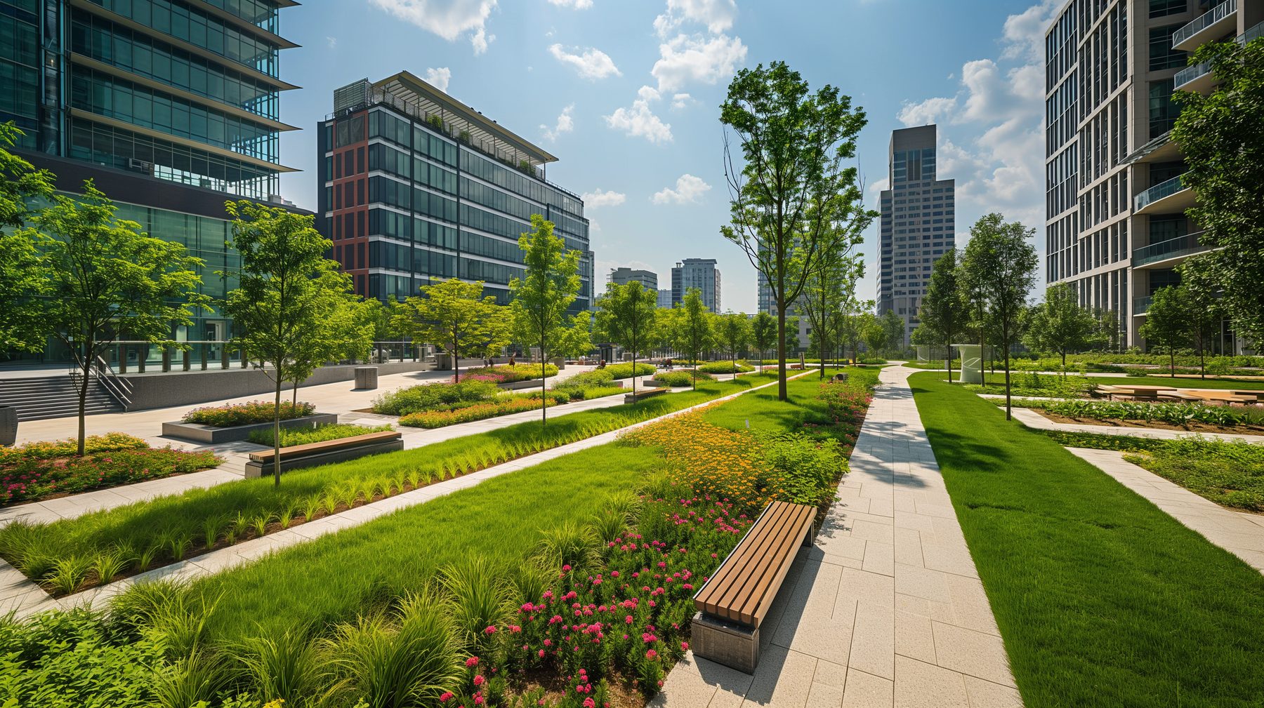 lawns and gardens with benches to sit