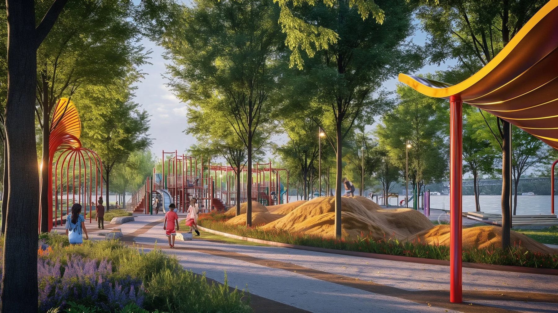 a playground along the river with bright play equipment and earth mounds