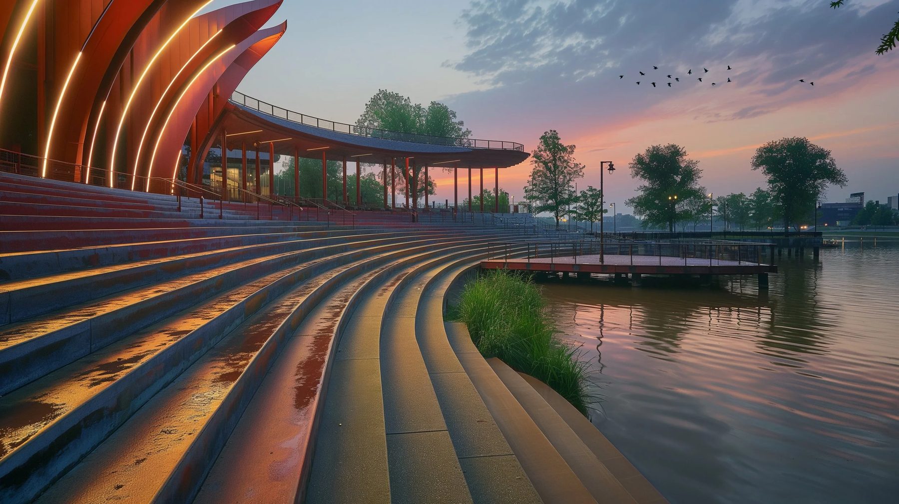 riverfront park with steps down to water and artful wall lit up on left side of image