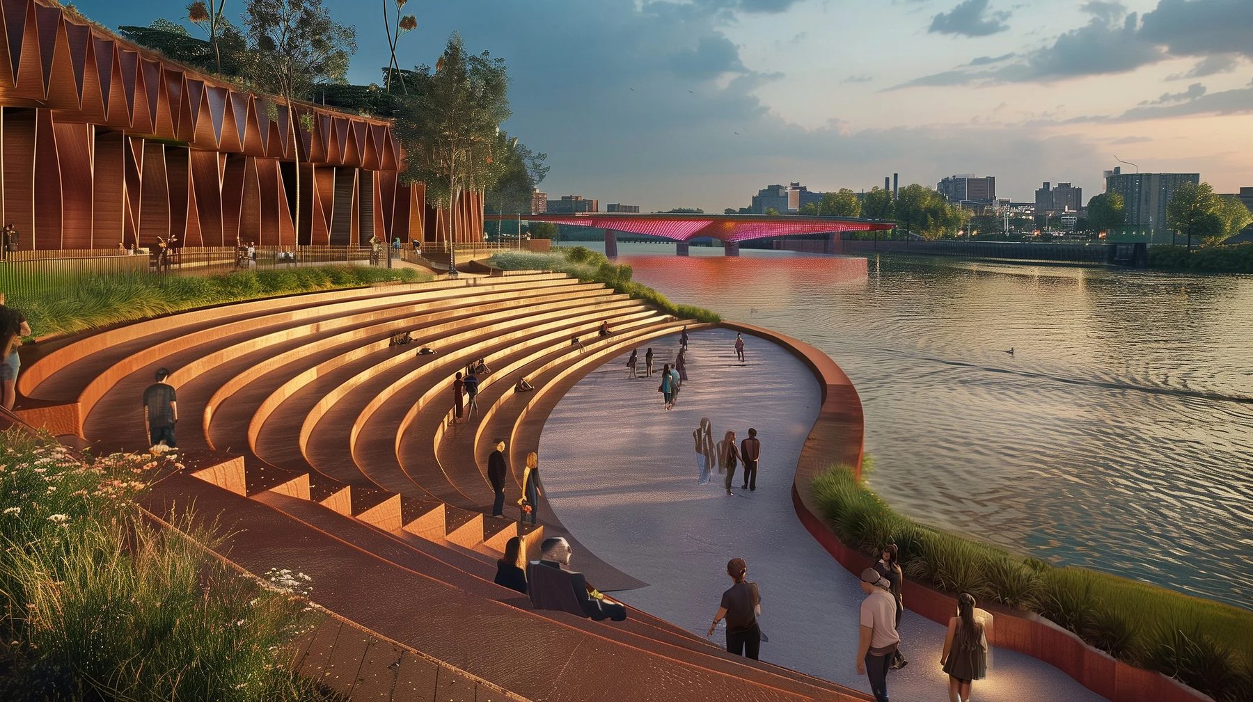 a amphitheatre at the waters edg elooking out to an illuminated iconic bridge