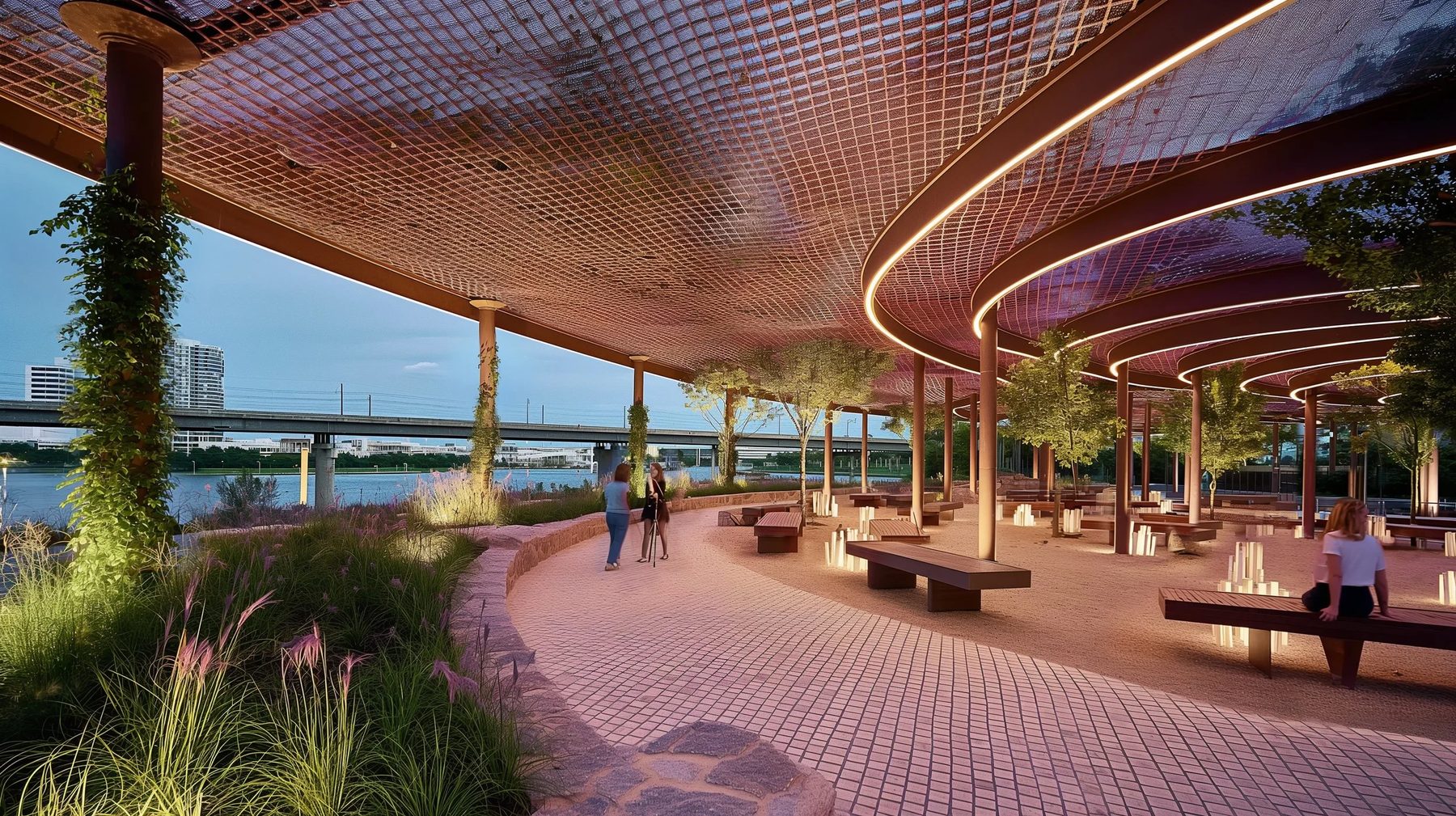 a canopy covering a seating area with artful lighting