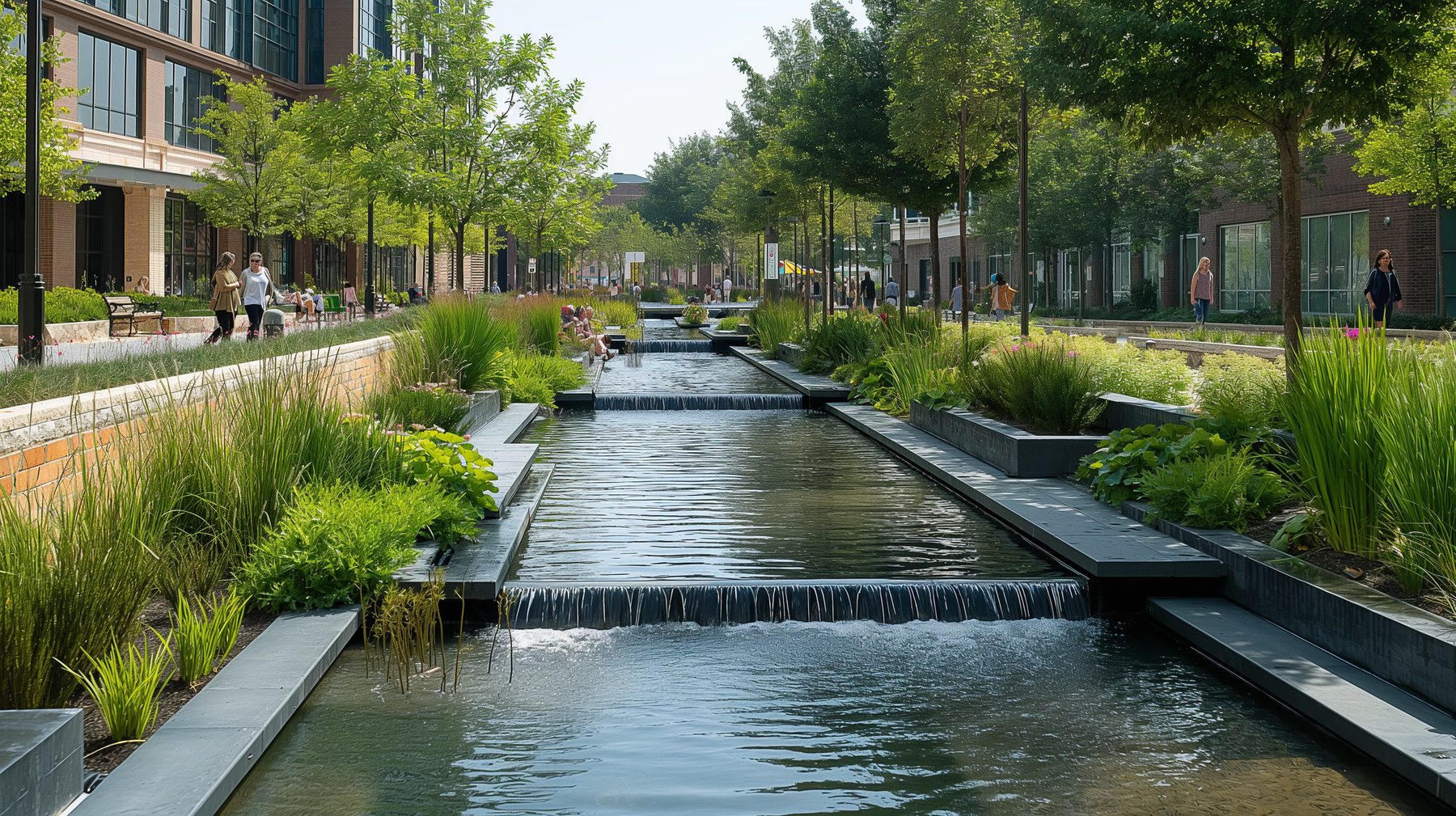water feature along retail commercial area